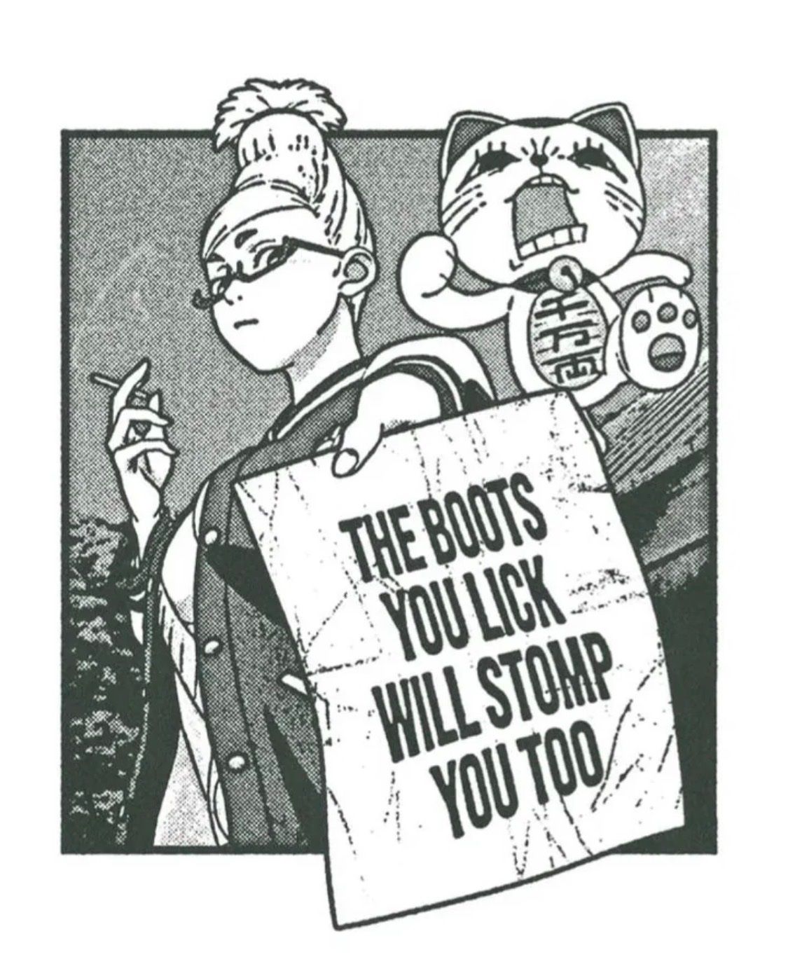 Black-and-white illustration of a person carrying a shouting cat and a sign reading: The boots you lick will stomp you too.